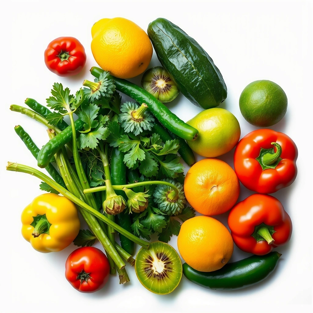 Φρέσκα λαχανικά και φρούτα σε λευκή μαρμάρινη επιφάνεια